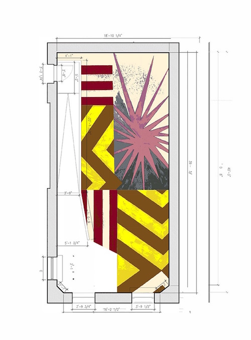Layout of carpet in BGSQD space. This carpet is a reconfiguration of the custom carpet Collins created for her "Energy Field" installation at the Tang Museum (2015-2017) and is based on one of her drawings.